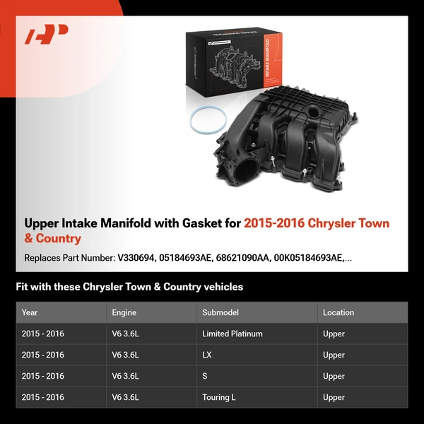 Upper Intake Manifold with Gasket for 2015-2016 Chrysler Town & Country