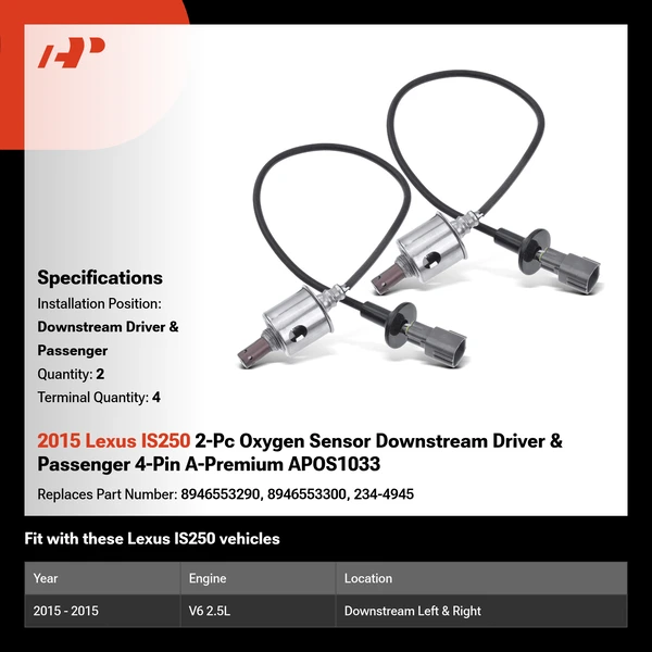 2015 Lexus IS250 2-Pc Oxygen Sensor Downstream Driver & Passenger 4-Pin A-Premium APOS1033