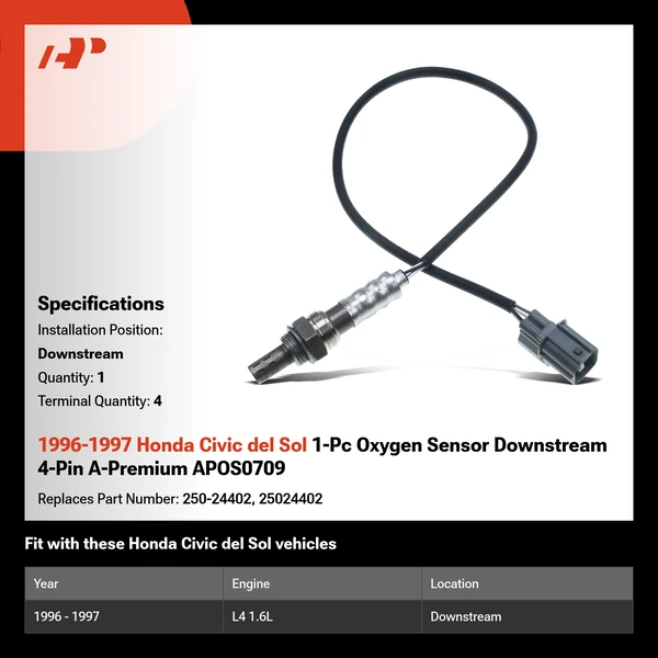 1996-1997 Honda Civic del Sol 1-Pc Oxygen Sensor Downstream 4-Pin A-Premium APOS0709