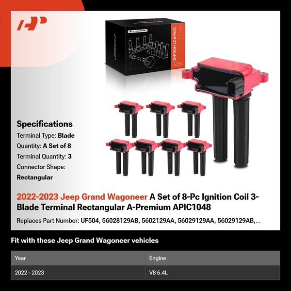2022-2023 Jeep Grand Wagoneer A Set of 8-Pc Ignition Coil 3-Blade Terminal Rectangular A-Premium APIC1048