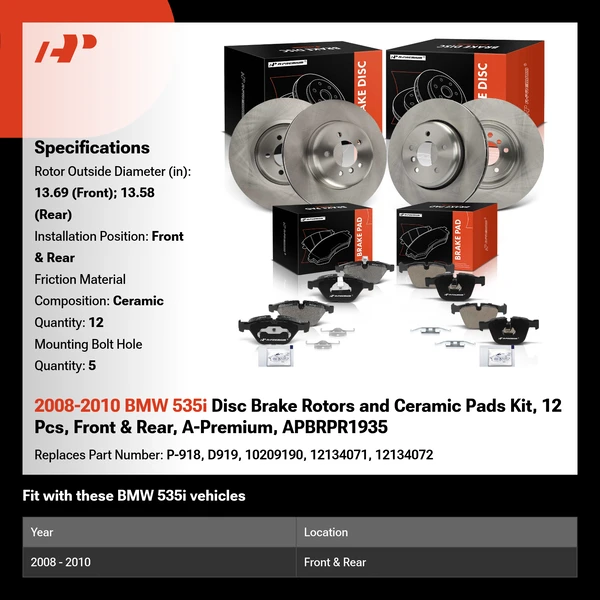 2008-2010 BMW 535i Disc Brake Rotors and Ceramic Pads Kit, 12 Pcs, Front & Rear, A-Premium, APBRPR1935