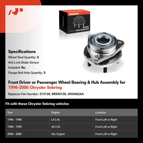 Front Driver or Passenger Wheel Bearing & Hub Assembly for 1996-2006 Chrysler Sebring