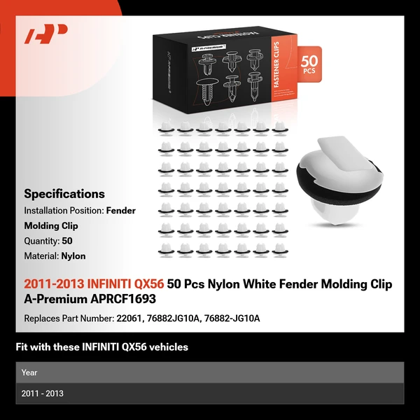 2011-2013 INFINITI QX56 50 Pcs Nylon White Fender Molding Clip A-Premium APRCF1693
