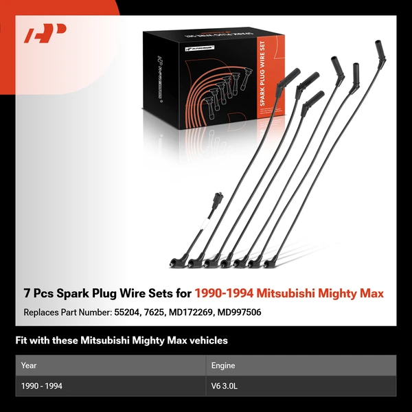 7 Pcs Spark Plug Wire Sets for 1990-1994 Mitsubishi Mighty Max