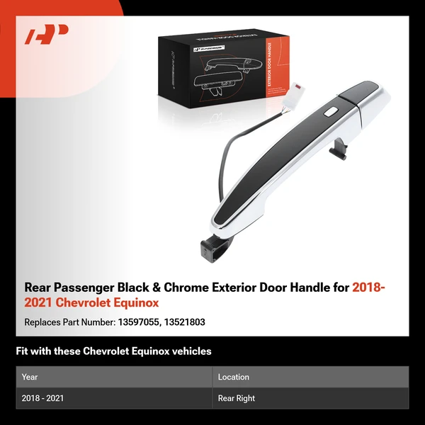 Rear Passenger Black & Chrome Exterior Door Handle for 2018-2021 Chevrolet Equinox