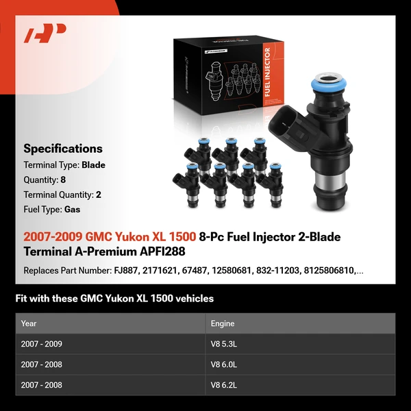 2007-2009 GMC Yukon XL 1500 8-Pc Fuel Injector 2-Blade Terminal A-Premium APFI288
