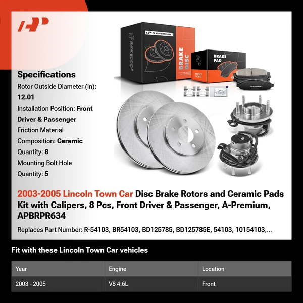 2003-2005 Lincoln Town Car Disc Brake Rotors and Ceramic Pads Kit with Calipers, 8 Pcs, Front Driver & Passenger, A-Premium, APBRPR634