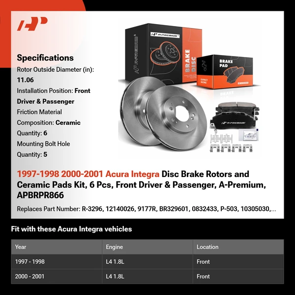 1997-1998 2000-2001 Acura Integra Disc Brake Rotors and Ceramic Pads Kit, 6 Pcs, Front Driver & Passenger, A-Premium, APBRPR866