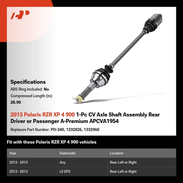 2013 Polaris RZR XP 4 900 1-Pc CV Axle Shaft Assembly Rear Driver or Passenger A-Premium APCVA1954