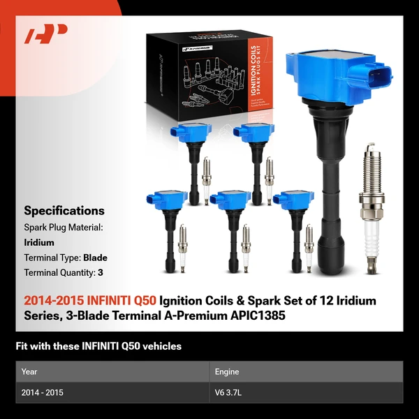2014-2015 INFINITI Q50 Ignition Coils & Spark Set of 12 Iridium Series, 3-Blade Terminal A-Premium APIC1385