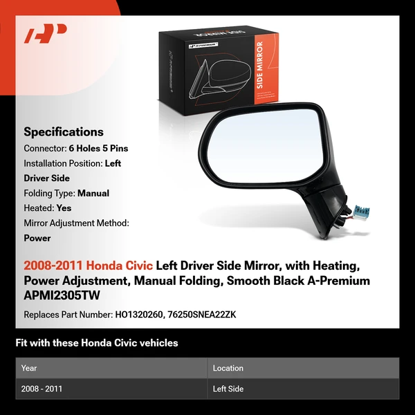 2008-2011 Honda Civic Left Driver Side Mirror, with Heating, Power Adjustment, Manual Folding, Smooth Black A-Premium APMI2305TW