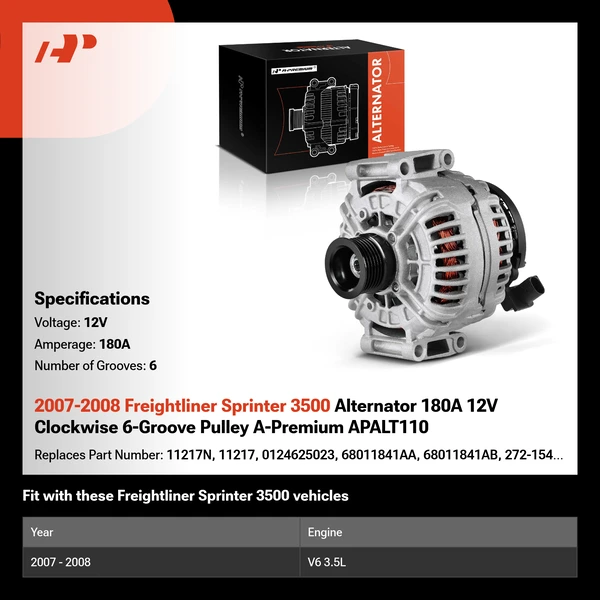 2007-2008 Freightliner Sprinter 3500 Alternator 180A 12V Clockwise 6-Groove Pulley A-Premium APALT110