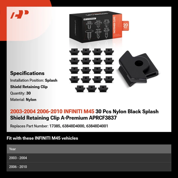 2003-2004 2006-2010 INFINITI M45 30 Pcs Nylon Black Splash Shield Retaining Clip A-Premium APRCF3837