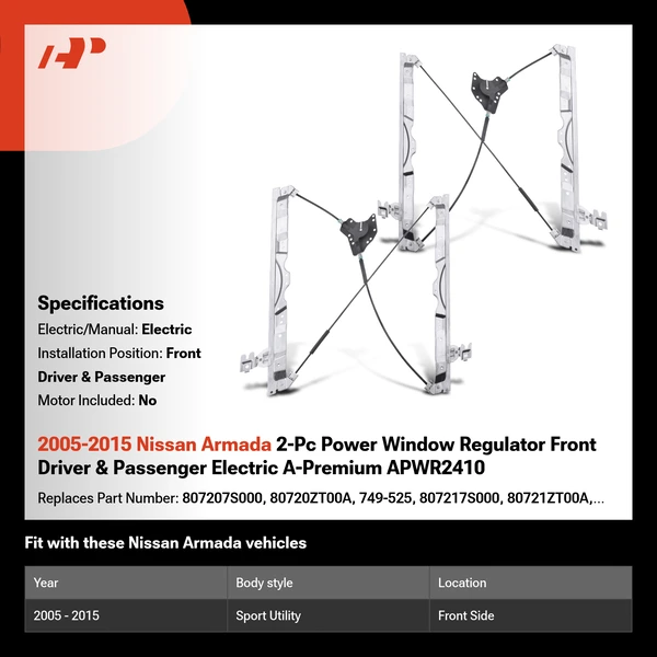 2005-2015 Nissan Armada 2-Pc Power Window Regulator Front Driver & Passenger Electric A-Premium APWR2410
