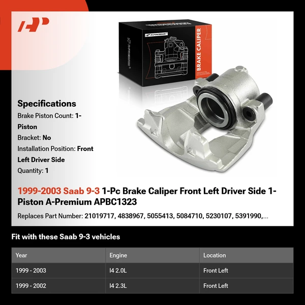 1999-2003 Saab 9-3 1-Pc Brake Caliper Front Left Driver Side 1-Piston A-Premium APBC1323