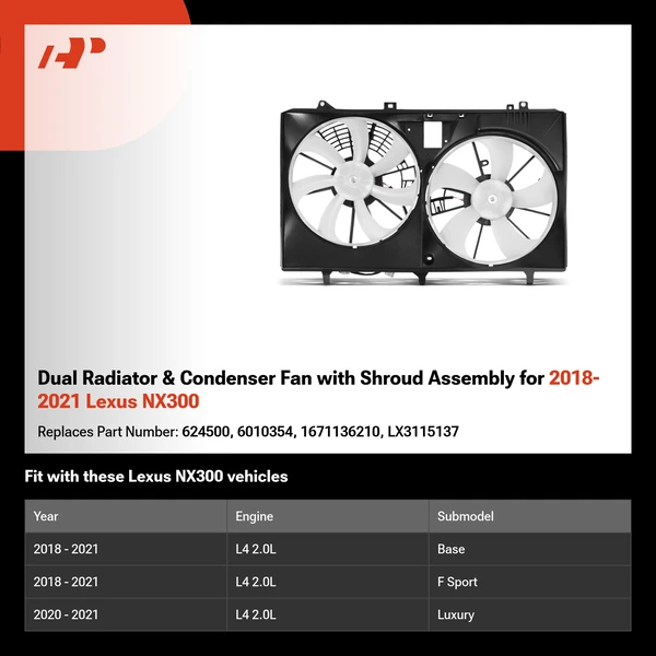 Dual Radiator & Condenser Fan with Shroud Assembly for 2018-2021 Lexus NX300