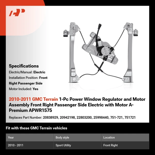 2010-2011 GMC Terrain 1-Pc Power Window Regulator and Motor Assembly Front Right Passenger Side Electric with Motor A-Premium APWR1575