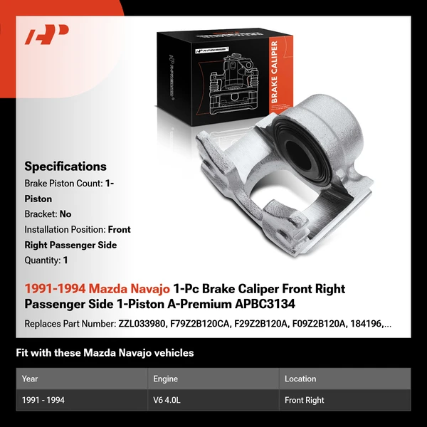 1991-1994 Mazda Navajo 1-Pc Brake Caliper Front Right Passenger Side 1-Piston A-Premium APBC3134