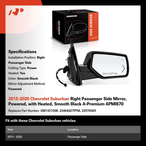 2015-2020 Chevrolet Suburban Right Passenger Side Mirror, Powered, with Heated, Smooth Black A-Premium APMI870
