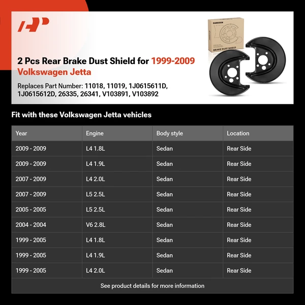 2 Pcs Rear Brake Dust Shield for 1999-2009 Volkswagen Jetta