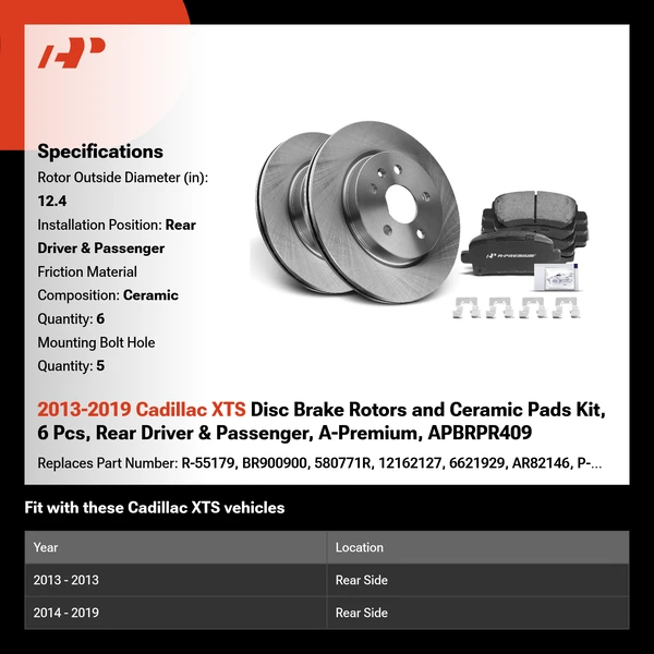 2013-2019 Cadillac XTS Disc Brake Rotors and Ceramic Pads Kit, 6 Pcs, Rear Driver & Passenger, A-Premium, APBRPR409