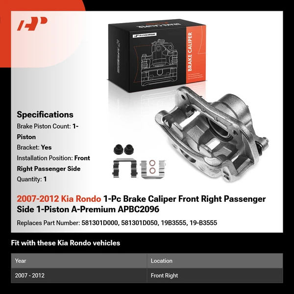 2007-2012 Kia Rondo 1-Pc Brake Caliper Front Right Passenger Side 1-Piston A-Premium APBC2096