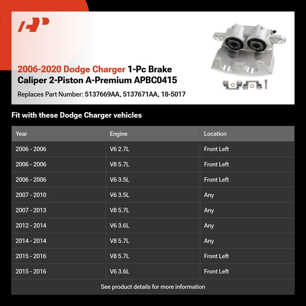 2006-2020 Dodge Charger 1-Pc Brake Caliper 2-Piston A-Premium APBC0415