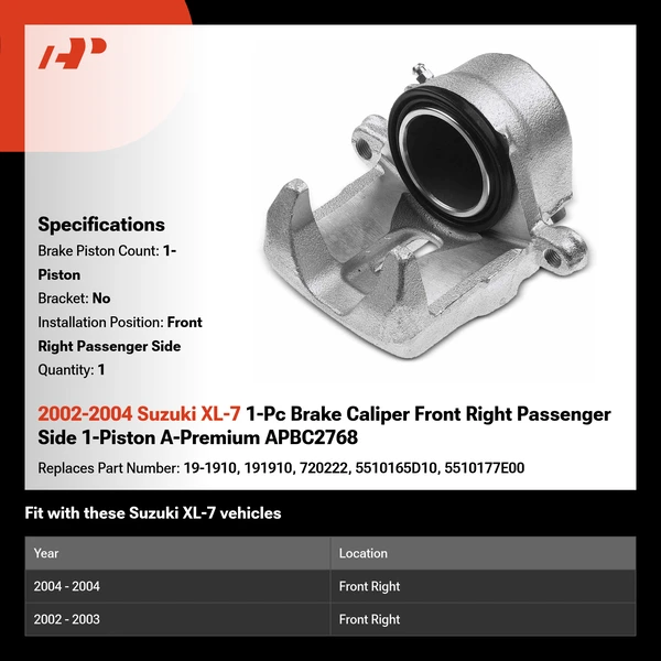 2002-2004 Suzuki XL-7 1-Pc Brake Caliper Front Right Passenger Side 1-Piston A-Premium APBC2768