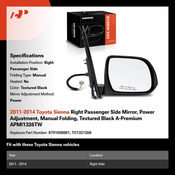 2011-2014 Toyota Sienna Right Passenger Side Mirror, Power Adjustment, Manual Folding, Textured Black A-Premium APMI1326TW