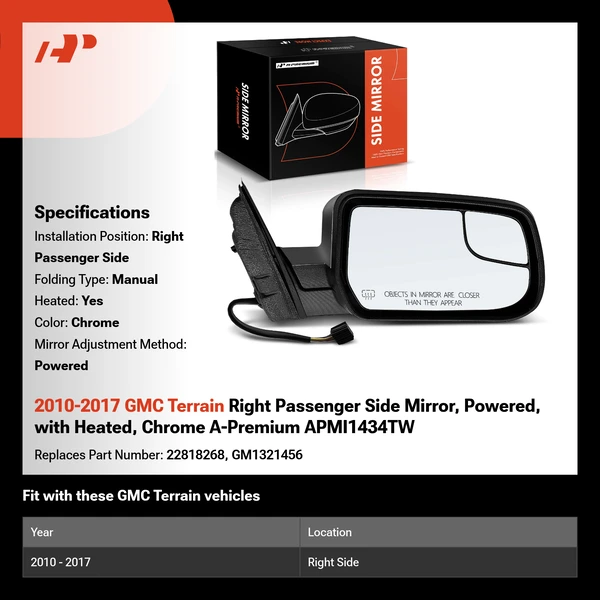 2010-2017 GMC Terrain Right Passenger Side Mirror, Powered, with Heated, Chrome A-Premium APMI1434TW