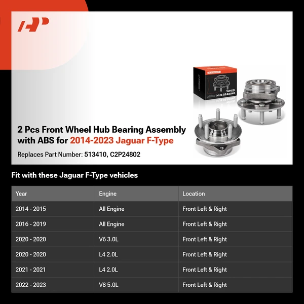 2 Pcs Front Wheel Hub Bearing Assembly with ABS for 2014-2023 Jaguar F-Type