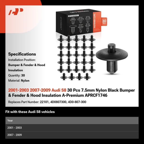 2001-2003 2007-2009 Audi S8 30 Pcs 7.5mm Nylon Black Bumper & Fender & Hood Insulation A-Premium APRCF1746