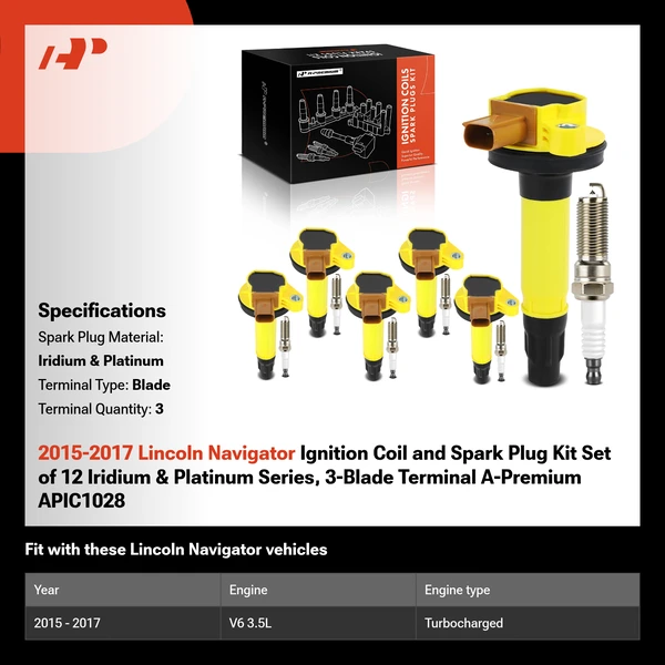 2015-2017 Lincoln Navigator Ignition Coil and Spark Plug Kit Set of 12 Iridium & Platinum Series, 3-Pin Terminal A-Premium APIC1028
