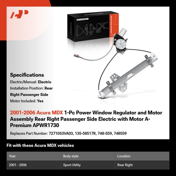 2001-2006 Acura MDX 1-Pc Power Window Regulator and Motor Assembly Rear Right Passenger Side Electric with Motor A-Premium APWR1730
