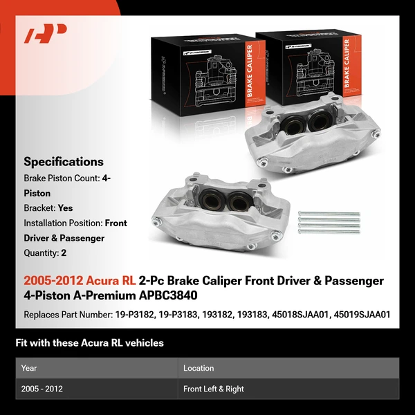 2005-2012 Acura RL 2-Pc Brake Caliper Front Driver & Passenger 4-Piston A-Premium APBC3840