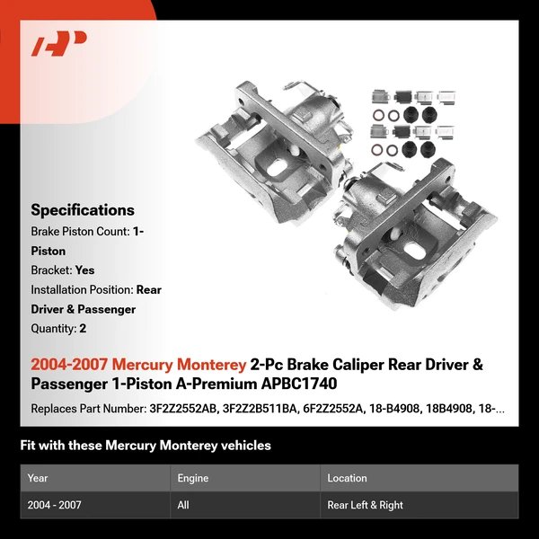 2004-2007 Mercury Monterey 2-Pc Brake Caliper Rear Driver & Passenger 1-Piston A-Premium APBC1740