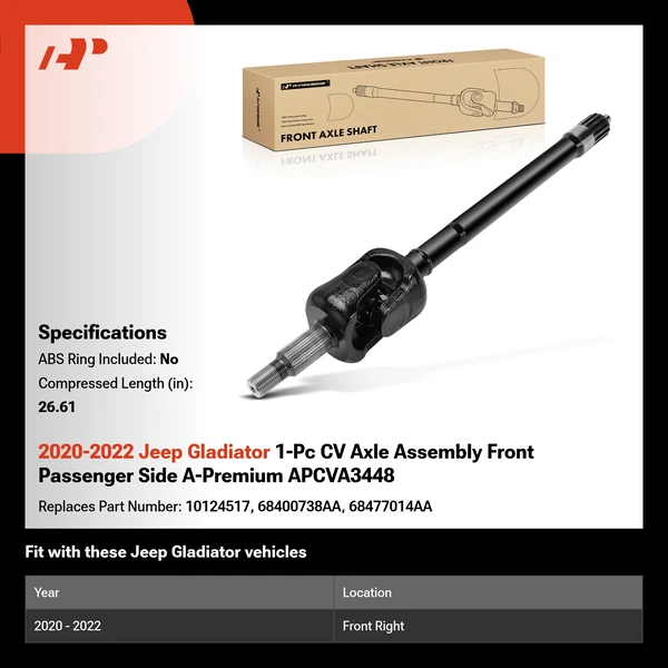 2020-2022 Jeep Gladiator 1-Pc CV Axle Assembly Front Passenger Side A-Premium APCVA3448
