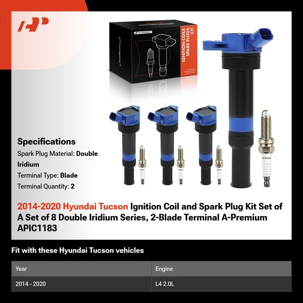 2014-2020 Hyundai Tucson Ignition Coil and Spark Plug Kit Set of A Set of 8 Double Iridium Series, 2-Blade Terminal A-Premium APIC1183