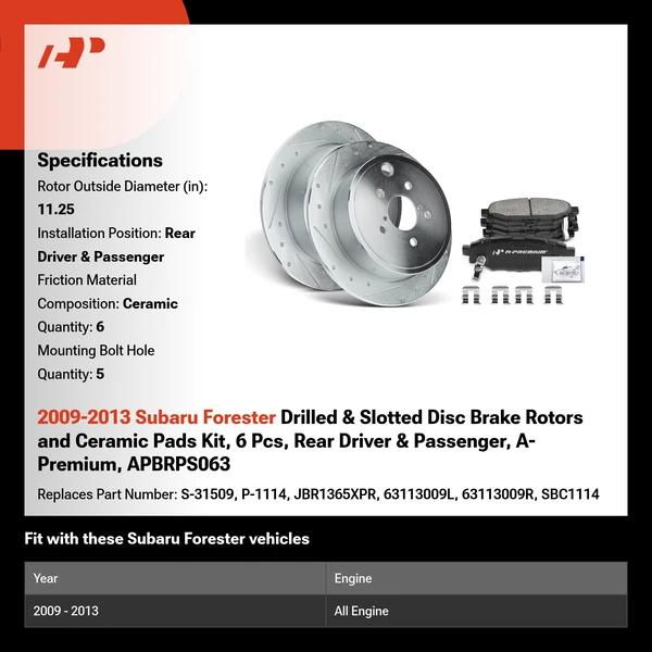 2009-2013 Subaru Forester Drilled & Slotted Disc Brake Rotors and Ceramic Pads Kit, 6 Pcs, Rear Driver & Passenger, A-Premium, APBRPS063