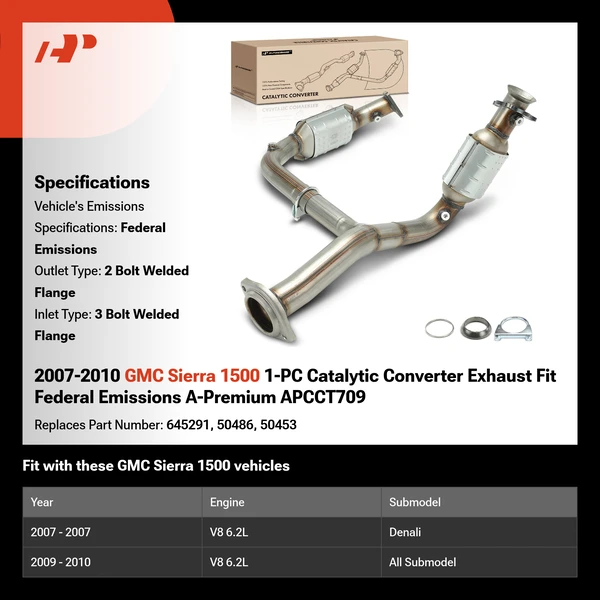 2007-2010 GMC Sierra 1500 1-PC Catalytic Converter Exhaust Fit Federal Emissions A-Premium APCCT709