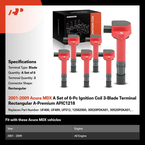 2001-2009 Acura MDX A Set of 6-Pc Ignition Coil 3-Blade Terminal Rectangular A-Premium APIC1218