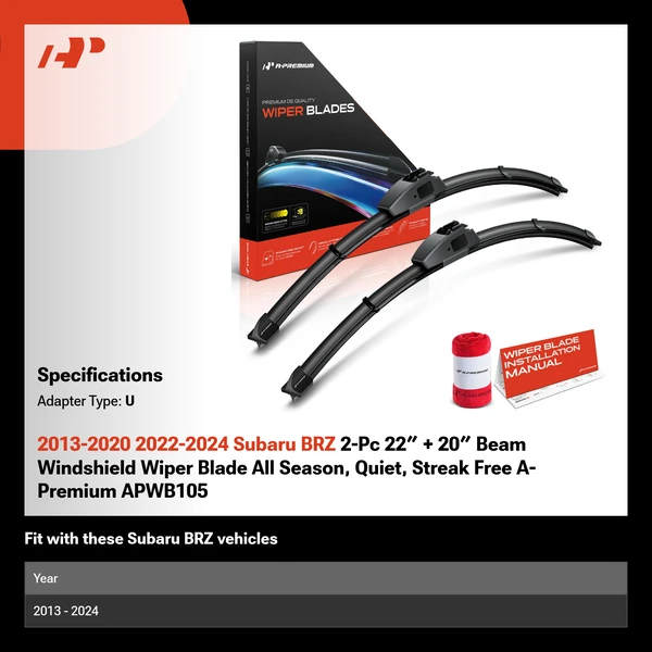 2013-2020 2022-2024 Subaru BRZ 2-Pc 22″ + 20″ Beam Windshield Wiper Blade All Season, Quiet, Streak Free A-Premium APWB105