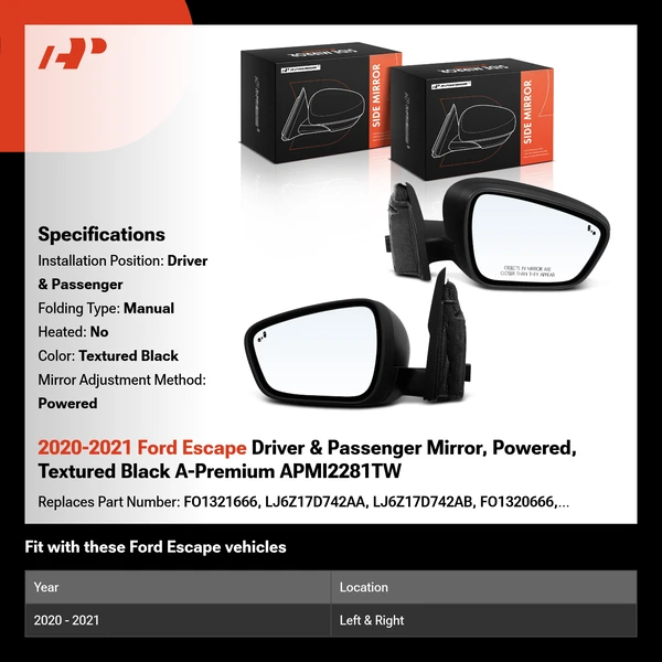 2020-2021 Ford Escape Driver & Passenger Mirror, Powered, Textured Black A-Premium APMI2281TW