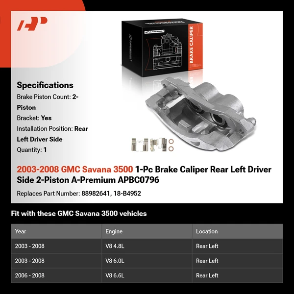 2003-2008 GMC Savana 3500 1-Pc Brake Caliper Rear Left Driver Side 2-Piston A-Premium APBC0796
