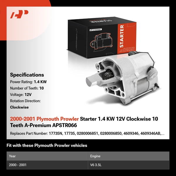 2000-2001 Plymouth Prowler Starter 1.4 KW 12V Clockwise 10 Teeth A-Premium APSTR066