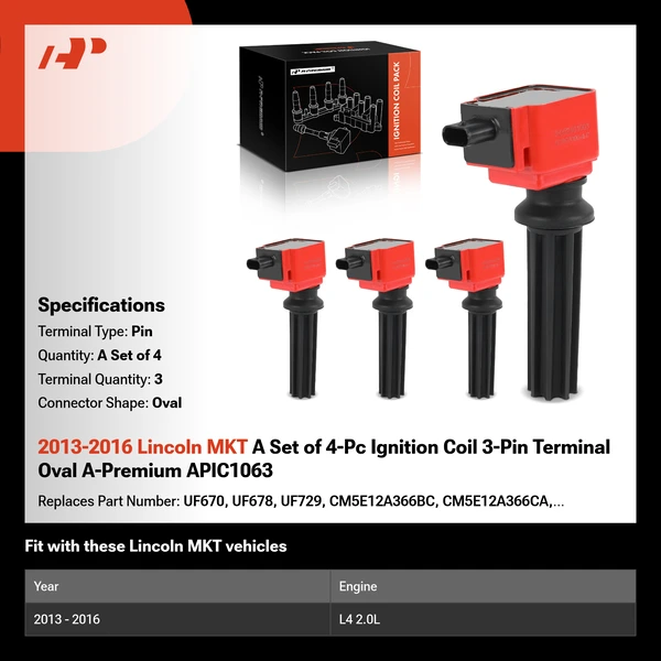 2013-2016 Lincoln MKT A Set of 4-Pc Ignition Coil 3-Pin Terminal Oval A-Premium APIC1063