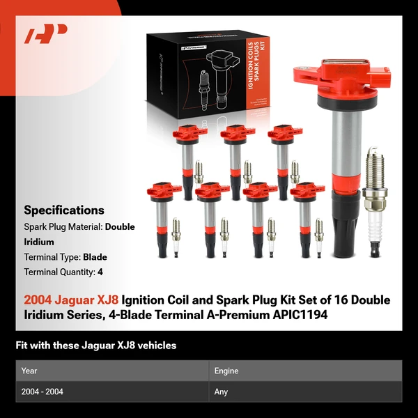 2004 Jaguar XJ8 Ignition Coil and Spark Plug Kit Set of 16 Double Iridium Series, 4-Blade Terminal A-Premium APIC1194