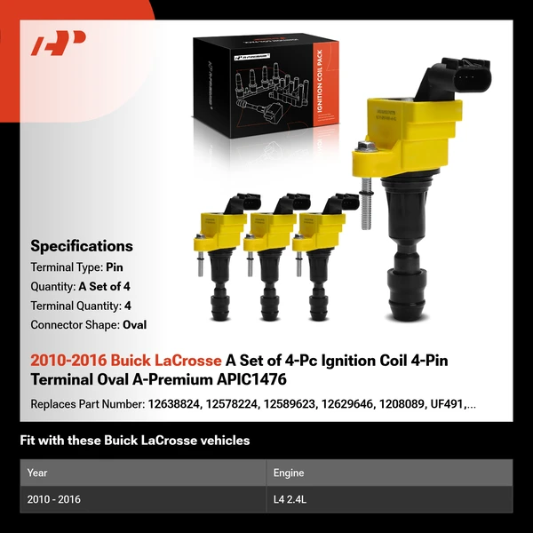 2010-2016 Buick LaCrosse A Set of 4-Pc Ignition Coil 4-Pin Terminal Oval A-Premium APIC1476