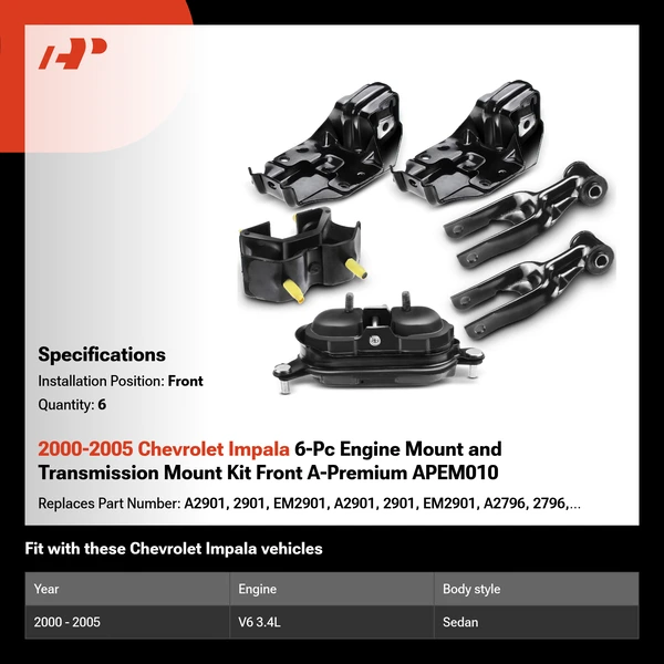 2000-2005 Chevrolet Impala 6-Pc Engine Mount and Transmission Mount Kit Front A-Premium APEM010
