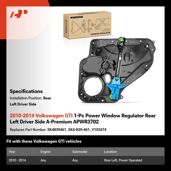 2010-2014 Volkswagen GTI 1-Pc Power Window Regulator Rear Left Driver Side A-Premium APWR3702